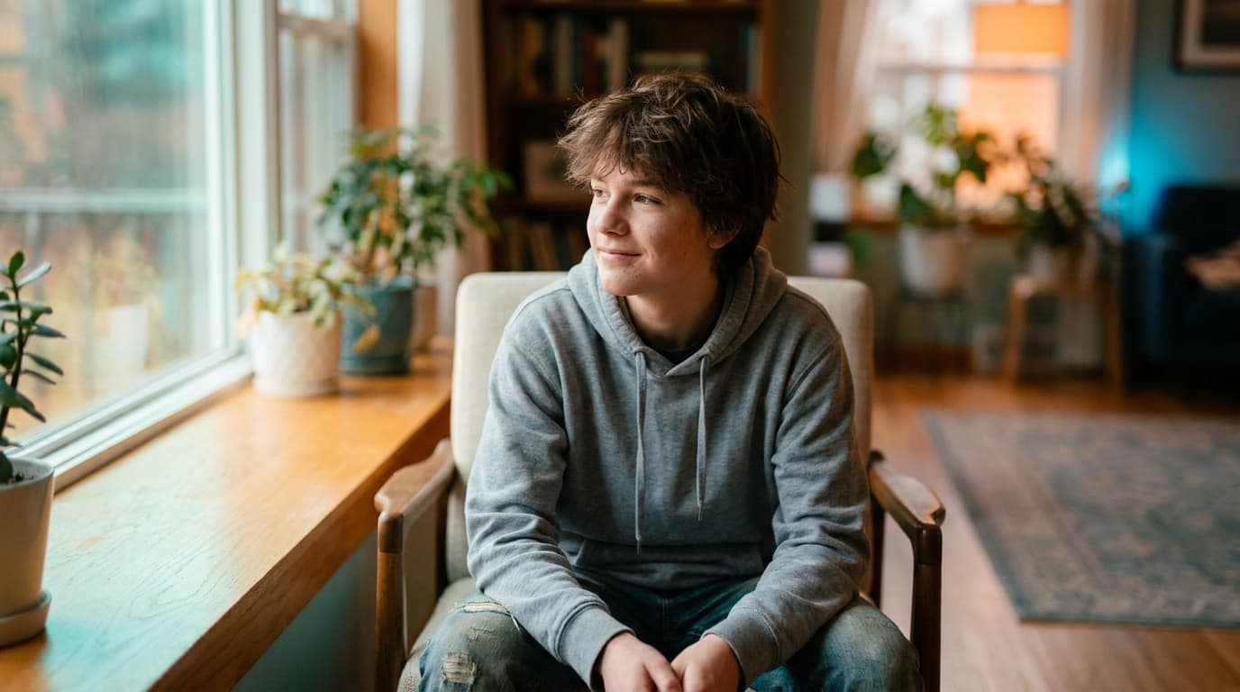 Jugendliche im ruhigen Morgenlicht am Fenster